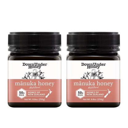 Two jars of MGO 50+ Multifloral Manuka honey 8.8oz pack for daily use
