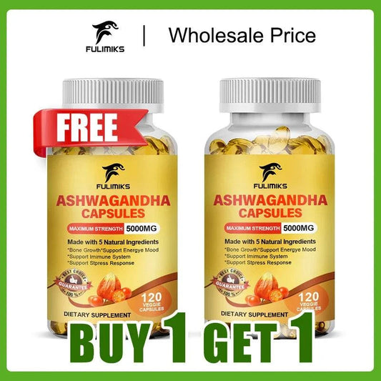 Premium Ashwagandha Supplement bottle with Buy 1 Get 1 Free offer for stress, anxiety, sleep, and thyroid balance