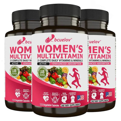 Bottle of women's multivitamin capsules for overall health and immune support with essential vitamins A, D, C, E, K, B1, B2, B12