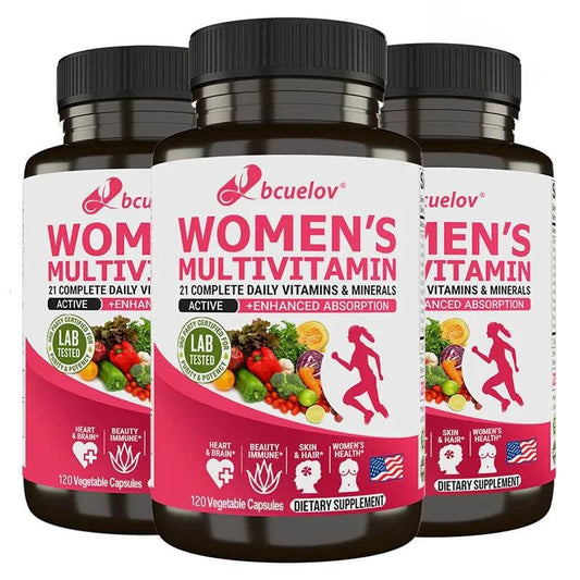 Bottle of women's multivitamin capsules for overall health and immune support with essential vitamins A, D, C, E, K, B1, B2, B12