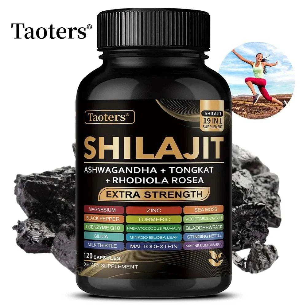 Shilajit Supplement bottle with Sea Moss, Ashwagandha, Magnesium, and Zinc capsules in organic packaging