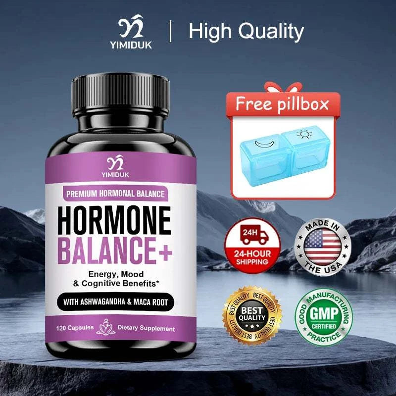 Yimiduk Adaptogen Herb Complex supplement bottle with capsules for hormone balance and cortisol support
