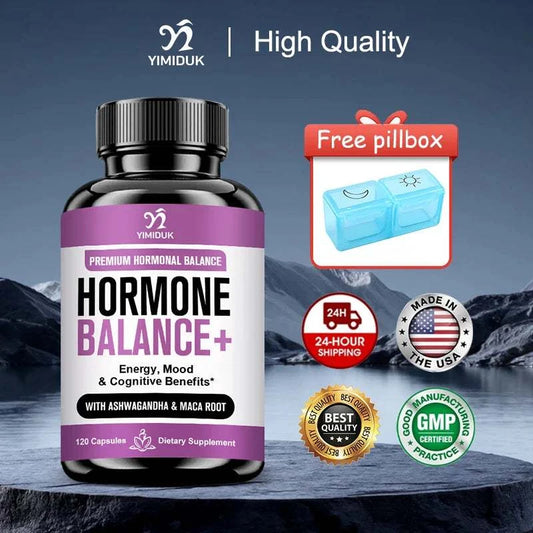 Yimiduk Adaptogen Herb Complex supplement bottle with capsules for hormone balance and cortisol support