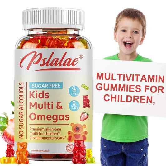 Kids multivitamins gummies bottle with colorful gummy supplements promoting brain development and immunity