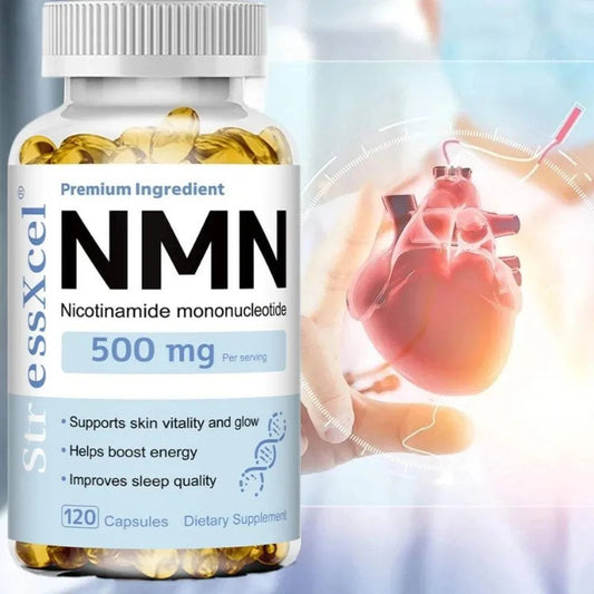 Bottle of NMN Nicotinamide Mononucleotide capsules for anti-aging and skin elasticity enhancement
