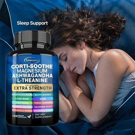 Corti-Soothe Cortisol supplement bottles with Magnesium, Ashwagandha, and L-Theanine for adrenal support and sleep aid