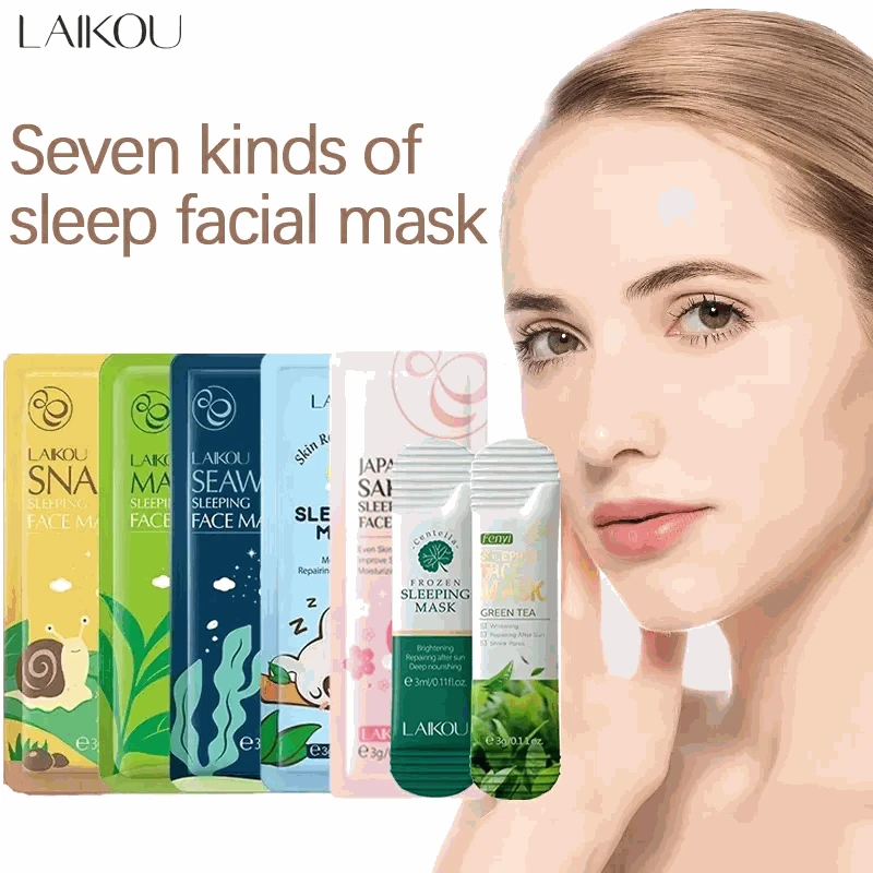 LAIKOU 7PCS Sleeping Face Mask Set with snail, matcha, seaweed, sakura, centella, and green tea for moisturizing and skin repair
