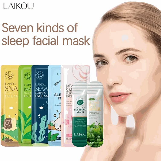 LAIKOU 7PCS Sleeping Face Mask Set with snail, matcha, seaweed, sakura, centella, and green tea for moisturizing and skin repair