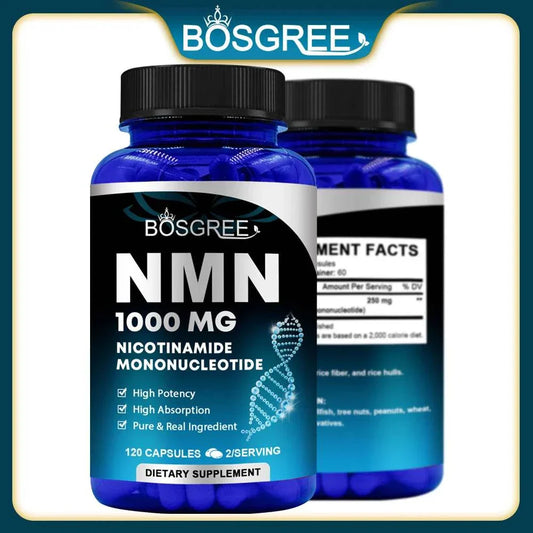 NMN supplements bottle with capsules for healthy aging, energy, immunity, and skin elasticity benefits