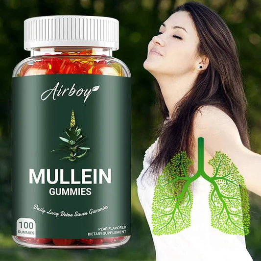 Mullein gummies bottle with natural lung support and respiratory health benefits label