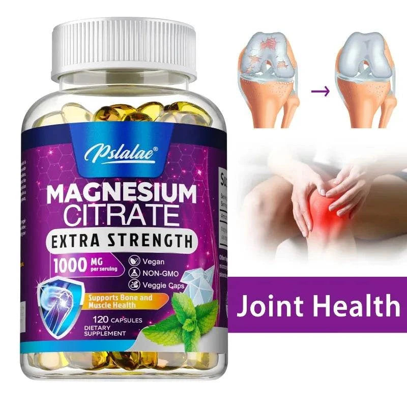 Magnesium Citrate 1000 mg supplement bottle for stress, relaxation, and bone health
