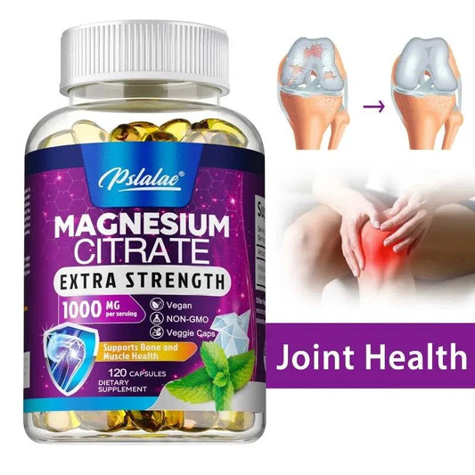 Magnesium Citrate 1000 mg supplement bottle for stress, relaxation, and bone health