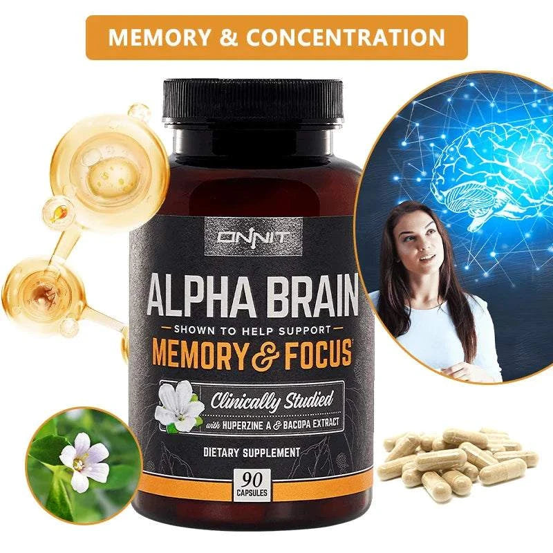 Alpha Brain premium nootropic supplement bottle with 90 capsules for focus and memory enhancement