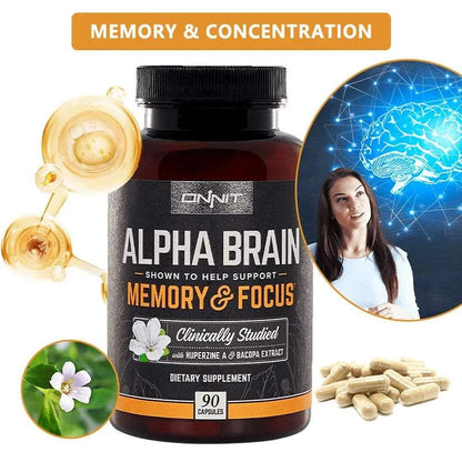 Alpha Brain premium nootropic supplement bottle with 90 capsules for focus and memory enhancement