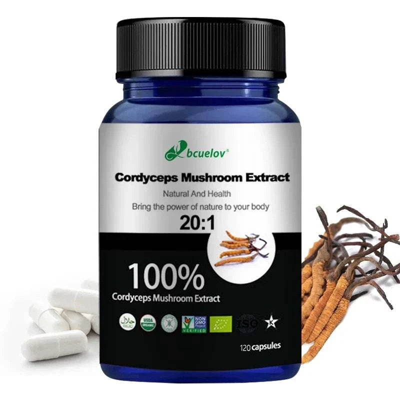 Bottle of Pure Cordyceps Mushroom extract supplement vegetarian capsules for energy, immune, respiratory, kidney health support