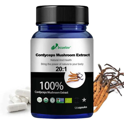 Bottle of Pure Cordyceps Mushroom extract supplement vegetarian capsules for energy, immune, respiratory, kidney health support
