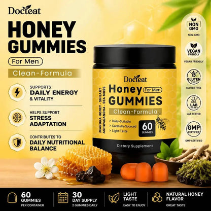 Docteat Honey for Men Gummies bottle with Shilajit, Sea Moss, Manuka Honey, and Ashwagandha extract for stress adaptation, 60 gummies