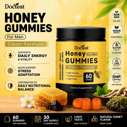 Docteat Honey for Men Gummies bottle with Shilajit, Sea Moss, Manuka Honey, and Ashwagandha extract for stress adaptation, 60 gummies