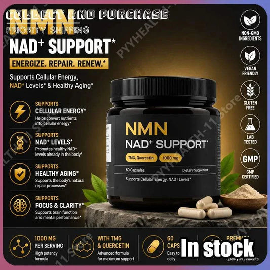 NMN 1000 mg capsule supplement bottle with 60 capsules and 4-in-1 formula including TMG, Quercetin, and Resveratrol for energy support
