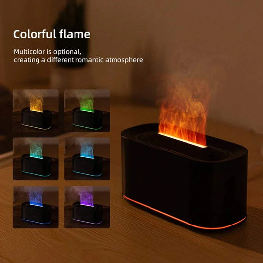Colorful flame essential oil diffuser releasing water vapor for aromatherapy room use