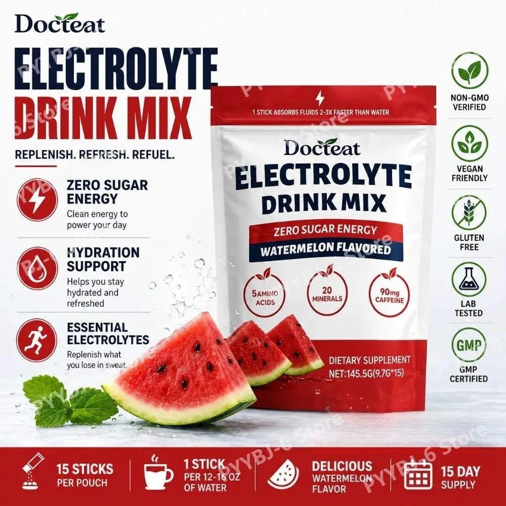Docteat Electrolyte Drink Mix Watermelon Flavor powder box with red and green design