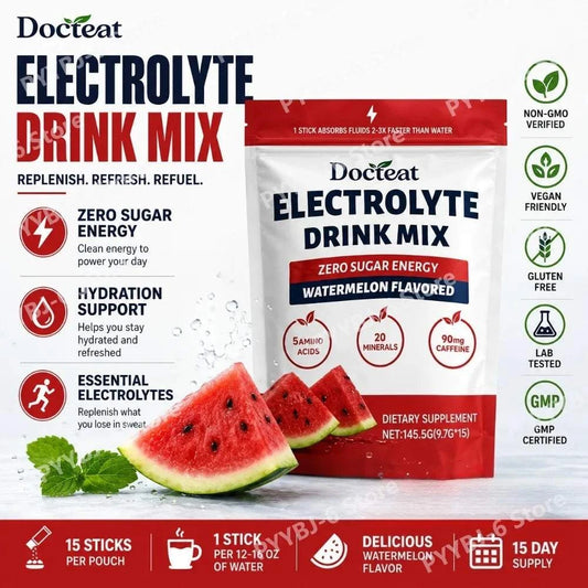 Docteat Electrolyte Drink Mix Watermelon Flavor powder box with red and green design