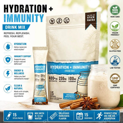 Hydration packets and immunity electrolytes powder for Horchata Agua Fresca low-calorie elderberry drink mix packaging with 15 servings