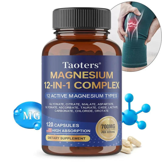 Magnesium 12-in-1 Complex supplement bottle with tablets, highlighting high absorption blend of glycinate, citrate, malate, and taurate for muscle, nerve, and sleep support
