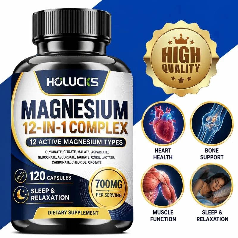 Magnesium 12-IN-1 Complex supplement bottle for bone, heart health, sleep support, and stress relief