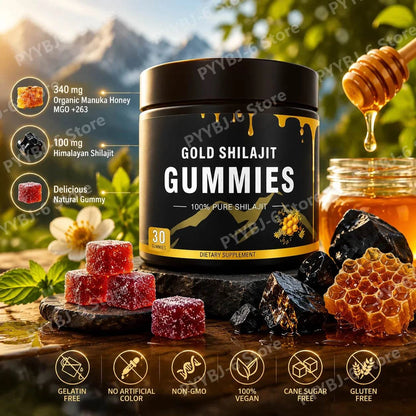 Gold Shilajit Gummies with Manuka Honey MGO 263 Himalayan vegan supplement bottle and gummies on white background