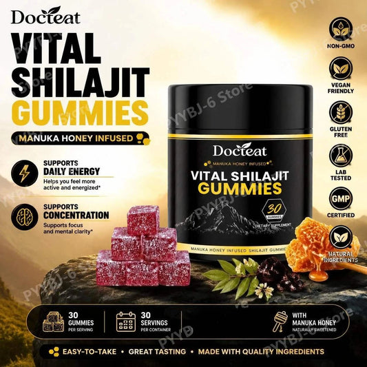 Docteat Vital Shilajit Gummies Manuka Honey infused bottle with 30 gummies supporting daily energy and concentration