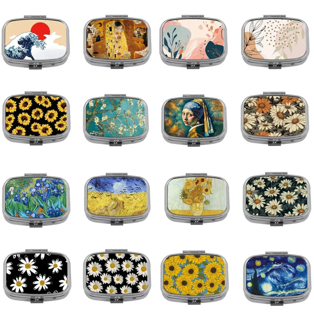 Oil painting sunflower metal travel case small jewelry organizer pill container