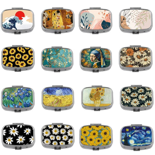 Oil painting sunflower metal travel case small jewelry organizer pill container