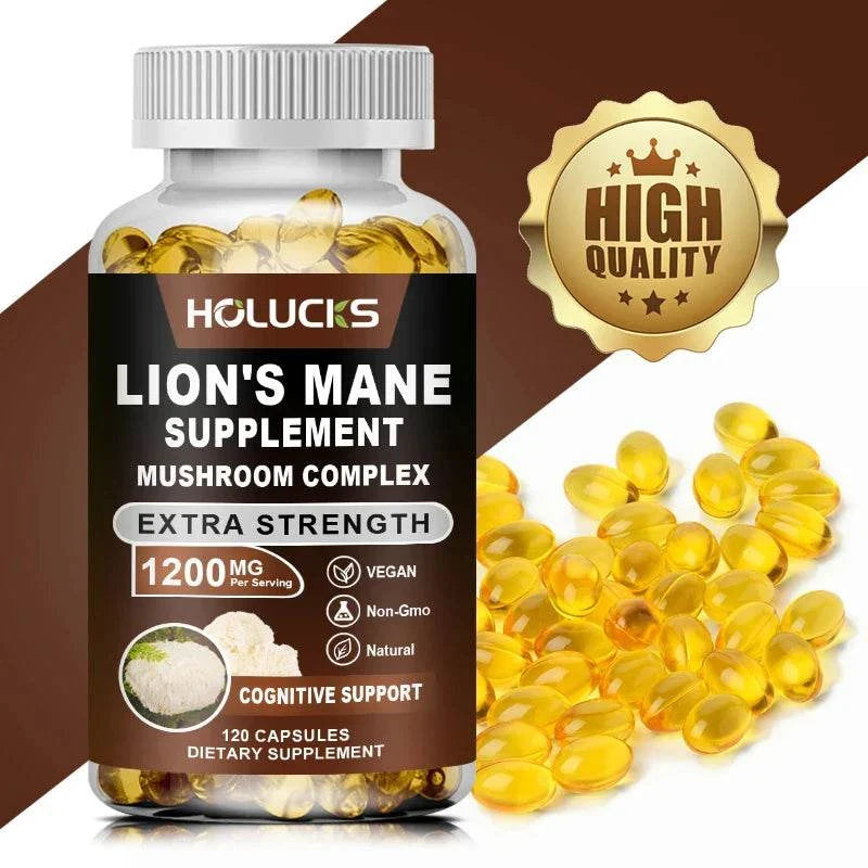 Bottle of Lion's Mane Mushroom Complex Capsules for focus, memory, nerve protection, stress relief, and immune health