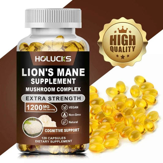 Bottle of Lion's Mane Mushroom Complex Capsules for focus, memory, nerve protection, stress relief, and immune health