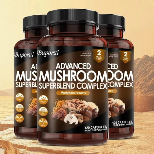Bottles of Mushroom Super Blend Complex supplements for brain, immunity, and mood support with natural mushroom ingredients