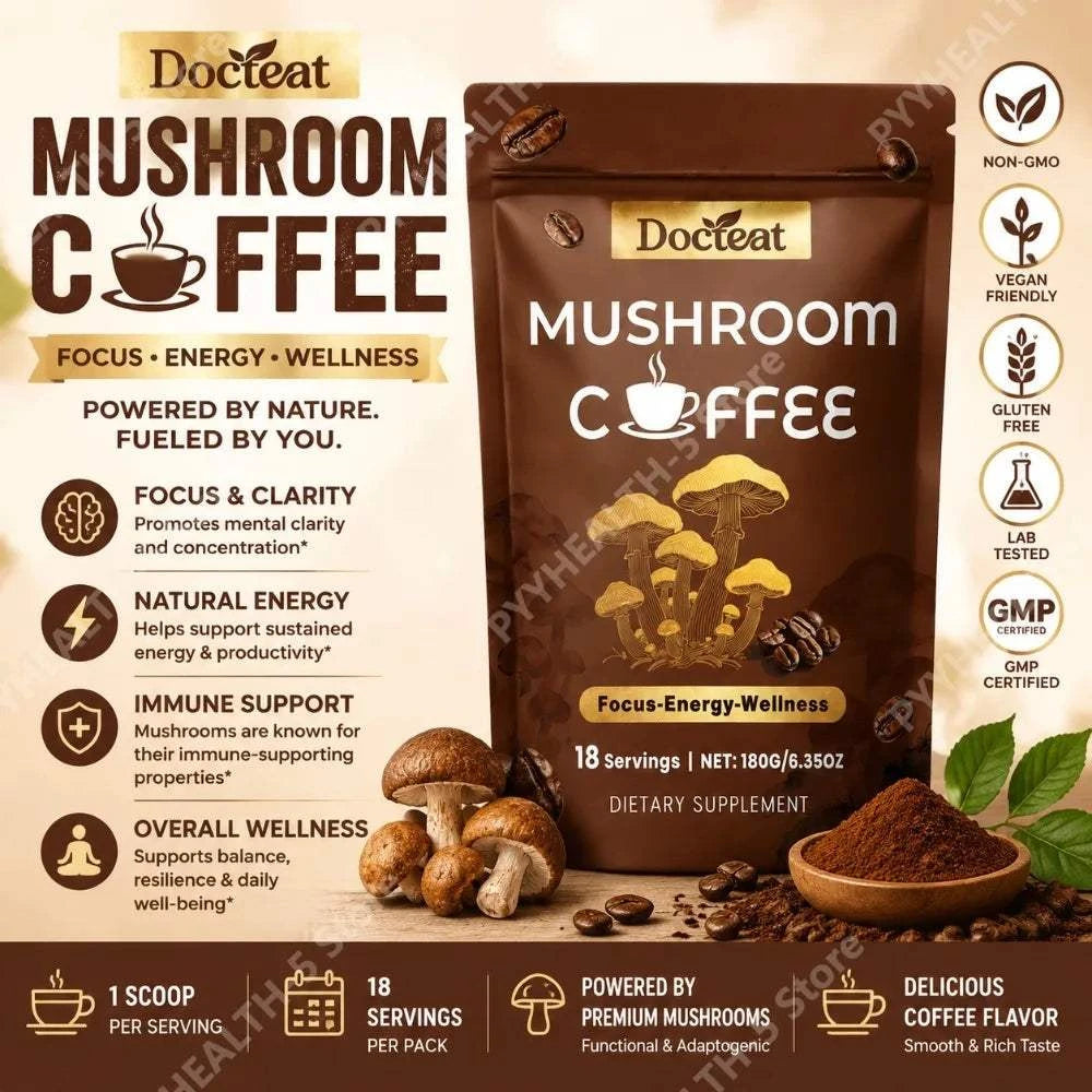 Docteat Mushroom Coffee Powder Drink Mix with Cordyceps and Ganoderma for focus and vitality, 18 servings, 180g packaging