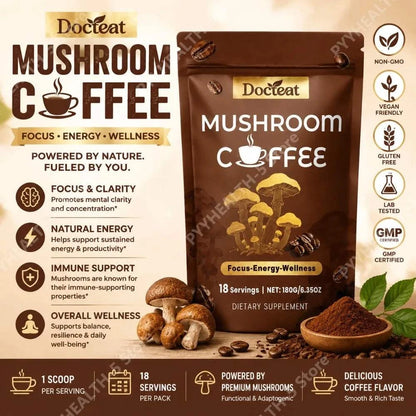 Docteat Mushroom Coffee Powder Drink Mix with Cordyceps and Ganoderma for focus and vitality, 18 servings, 180g packaging