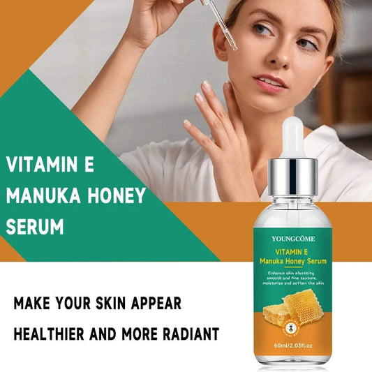 Vitamin E Manuka Honey moisturizing face serum bottle and packaging on white background