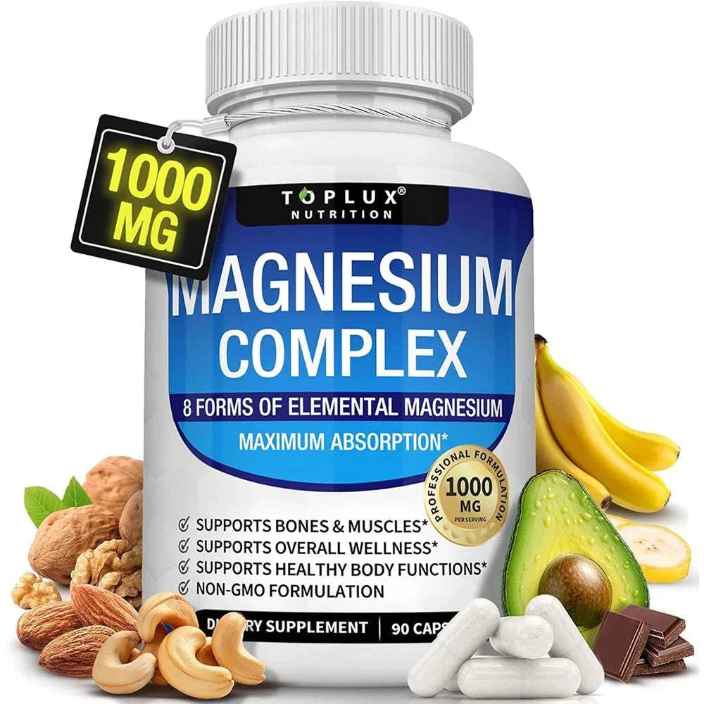 Bottle of Magnesium Complex supplement with 8 elemental magnesium forms for bone, muscle, and energy support