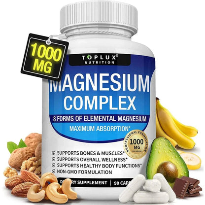 Bottle of Magnesium Complex supplement with 8 elemental magnesium forms for bone, muscle, and energy support