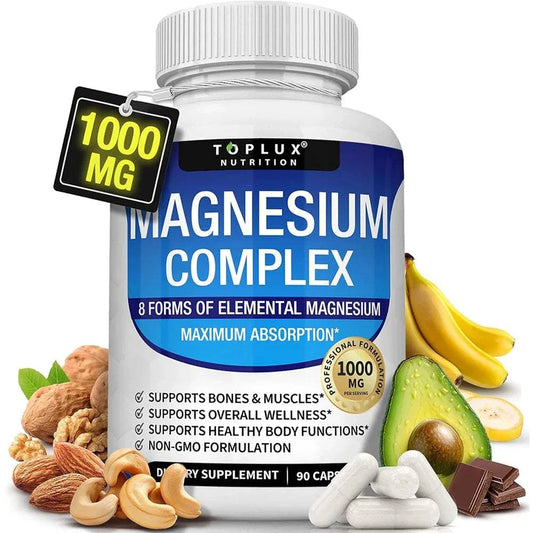 Bottle of Magnesium Complex supplement with 8 elemental magnesium forms for bone, muscle, and energy support