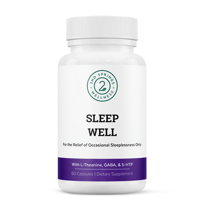 Sleep Well stress relief and sleep support formula bottle promoting deeper, restful sleep and relaxation